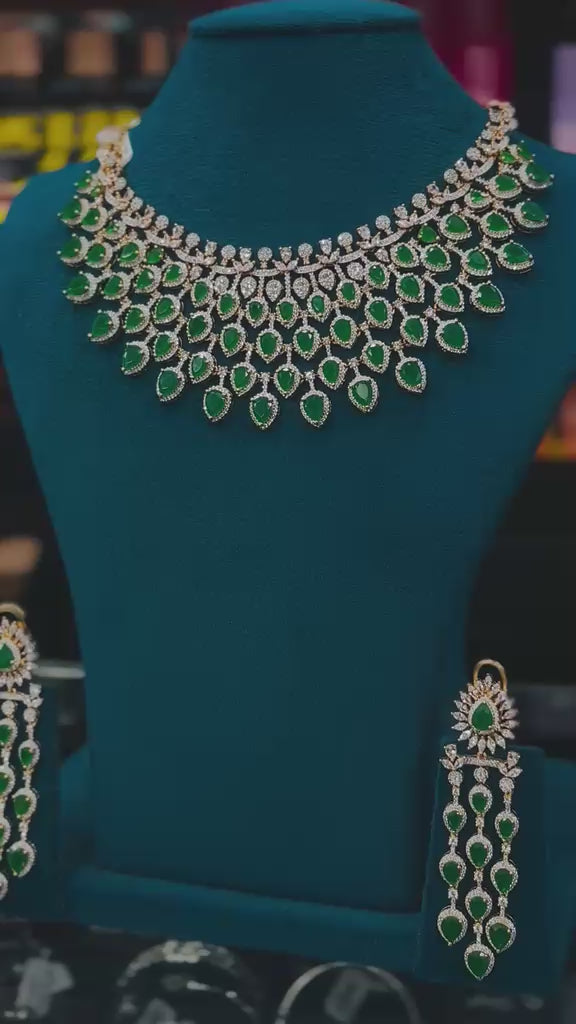 Emerald Green Stone Choker Necklace Set with Long Matching Earrings | T302412137