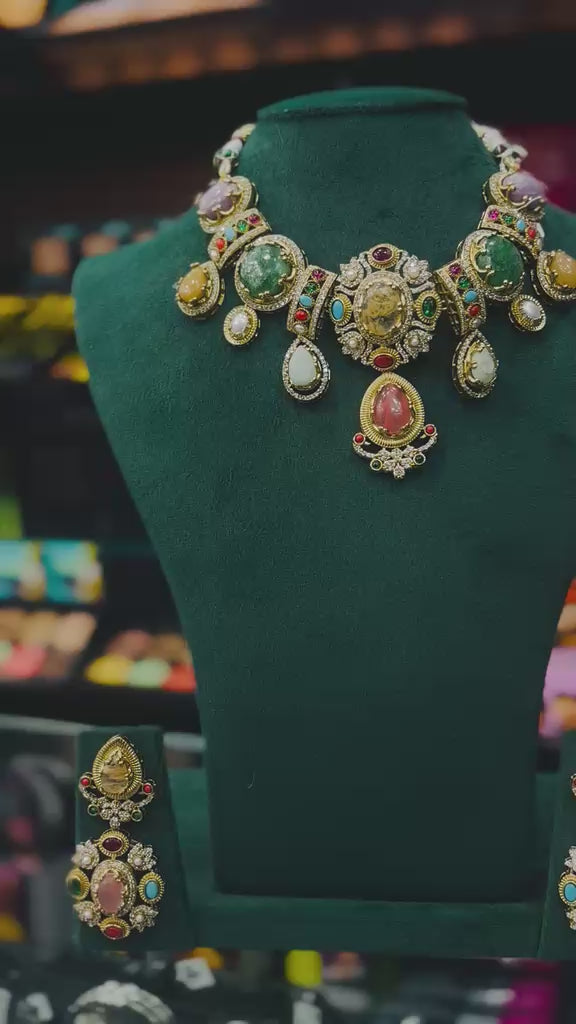 Multicolour Antique Designer Necklace Set with Matching Earrings | T302703024