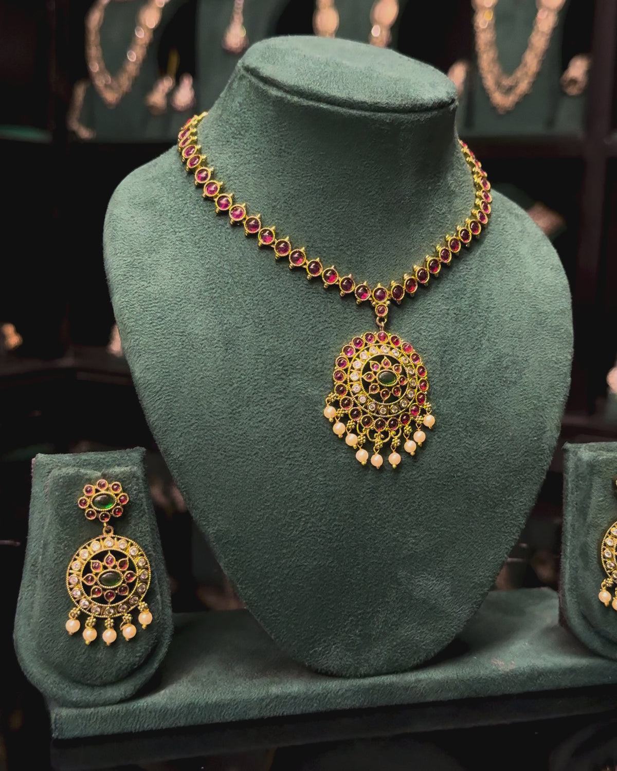 Ruby & Emerald Antique Gold Necklace Set with Earrings | ONK339