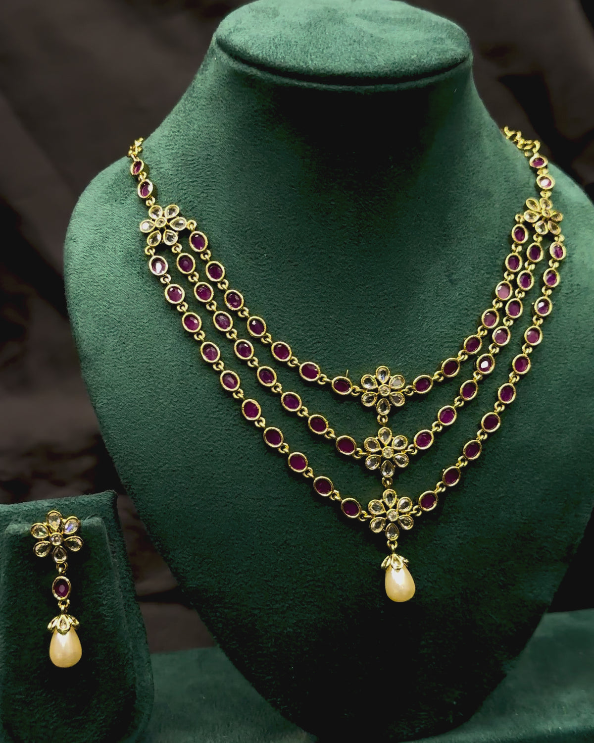 Traditional Ruby Stone Necklace Set with Pearl Drop Earrings | ONK368