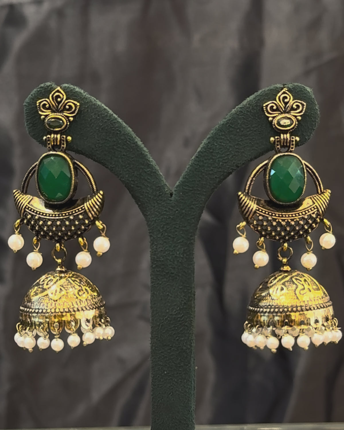 Gold Plated Stone Jhumka Earrings with Pearl Beads | GV773