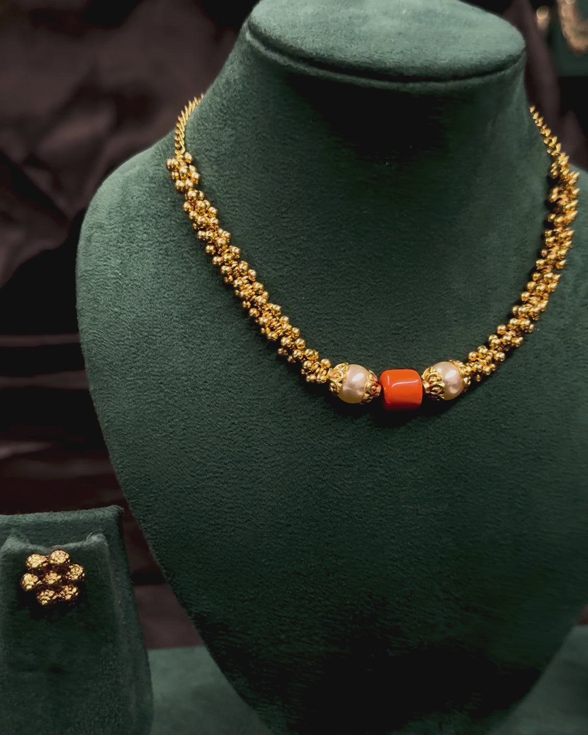 Traditional Gold Coral Bead Necklace Set with Matching Earrings | ONK356