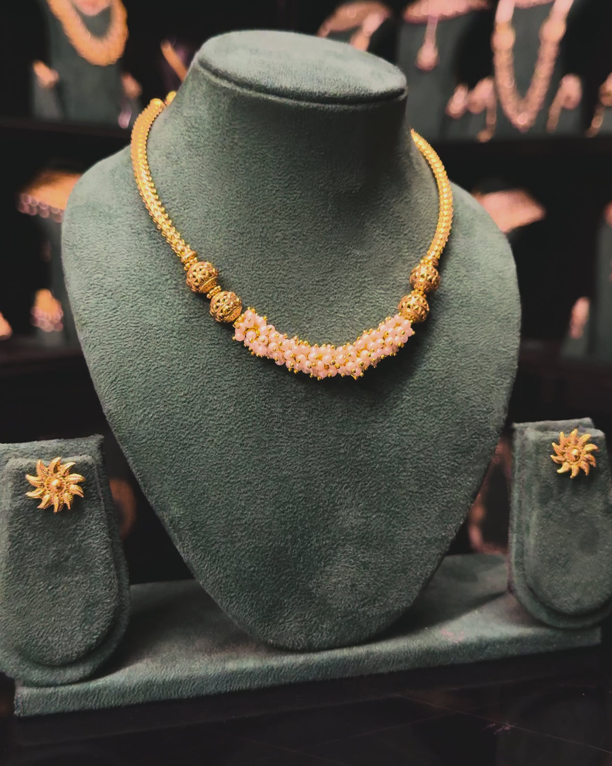 Pearl Gold Necklace Set with Floral Earrings | ONK348