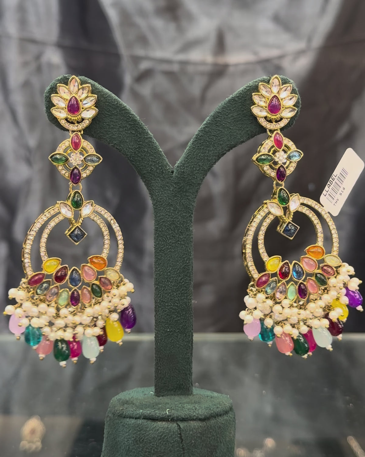 Multicolor Kundan Gold-Plated Traditional Chandbali Earrings with Pearl & Stone Drops | THV518
