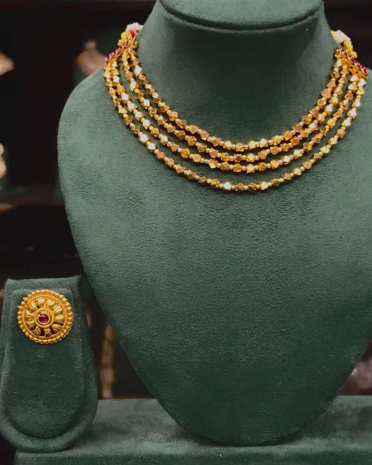 Traditional Gold Beaded Necklace Set with Matching Stud Earrings | ONK373