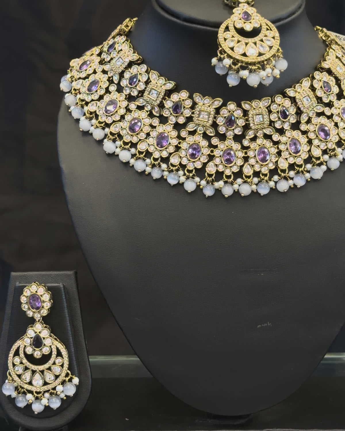 Premium American Diamond Necklace Set with Purple Stones and Pearl Drops | L7822