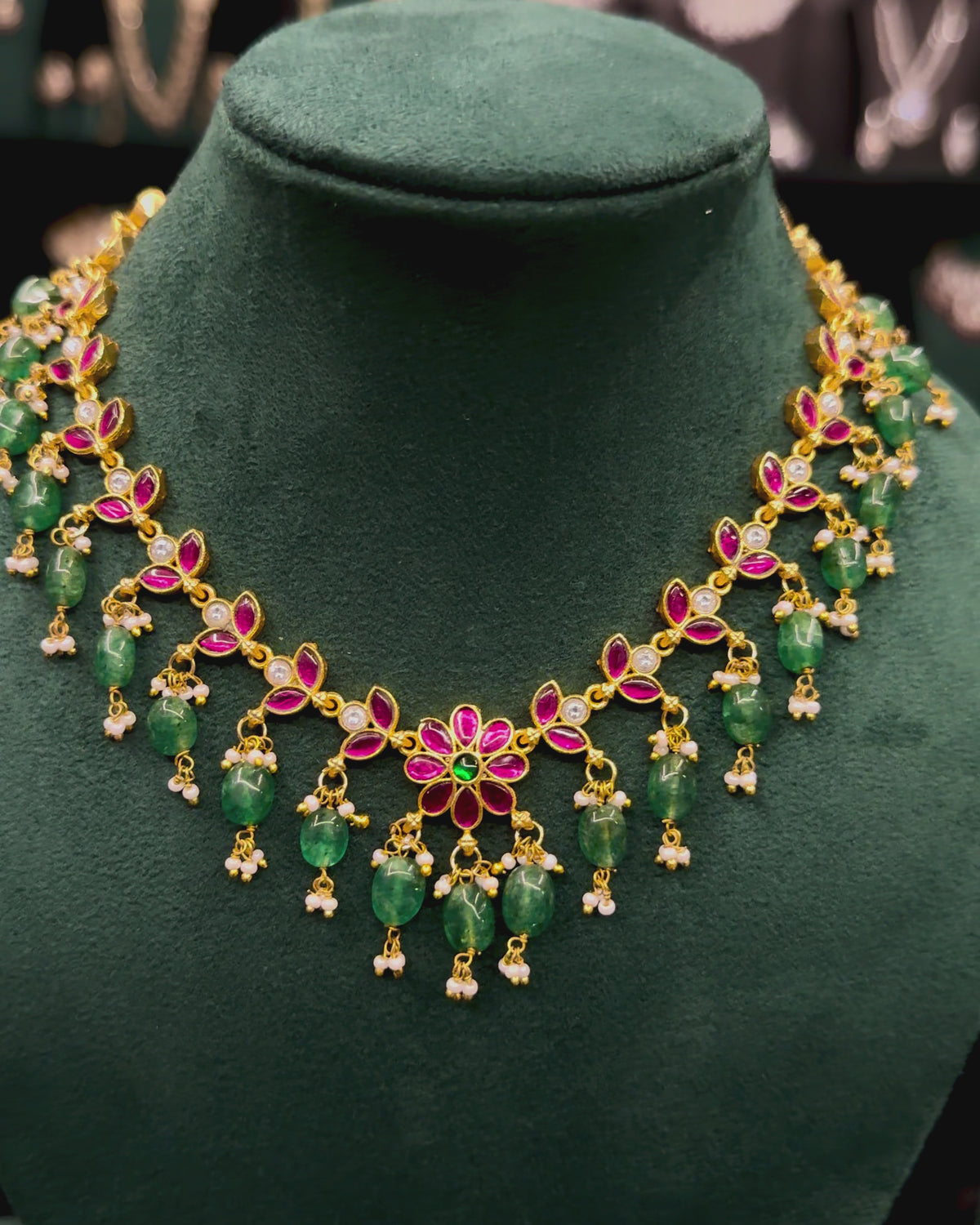 Pink & Green Floral Gold Necklace Set with Green Beads | ONK378