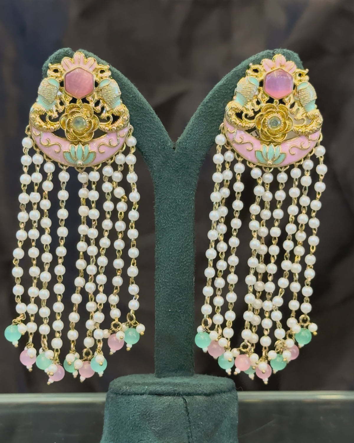 Traditional Floral Pearl Tassel Earrings with Gold-Tone Detailing | THV522