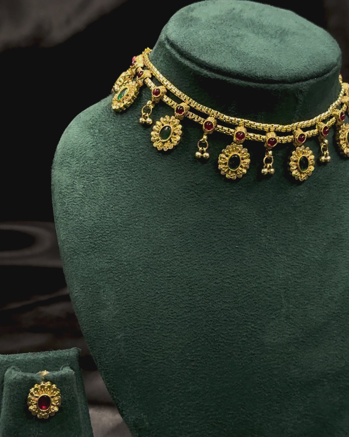 Traditional Gold Choker Necklace Set with Ruby & Emerald Stones | ONK354