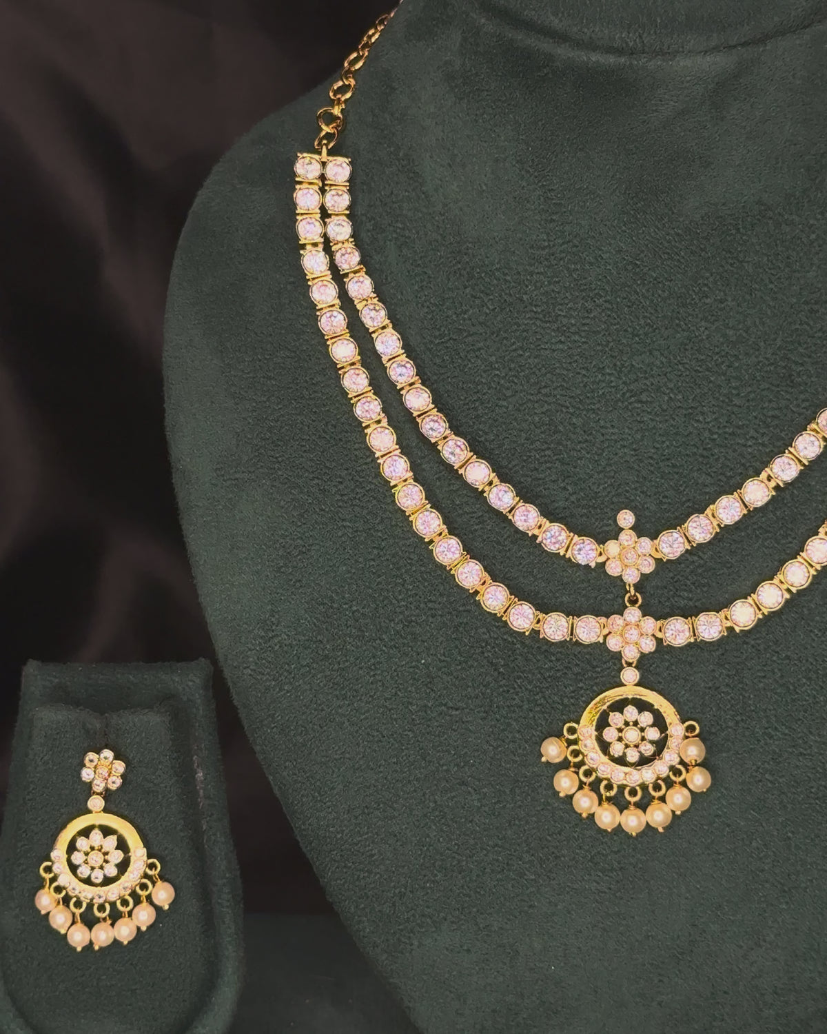 Gold Double Layer White Stone Necklace Set with Matching Earrings | GV1356