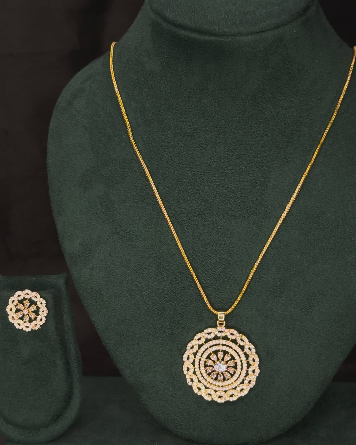 Elegant Rolled Gold Pendant Necklace Set with Matching Floral Stud Earrings | PJV89