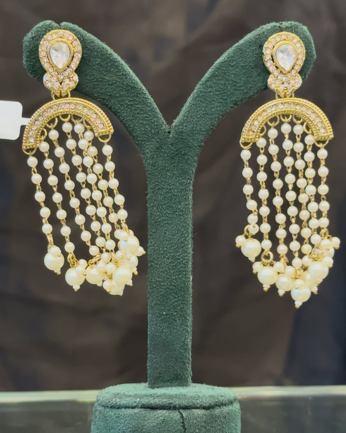 Gold-Tone Pearl Tassel Earrings with Crystal Teardrop Studs | THV517