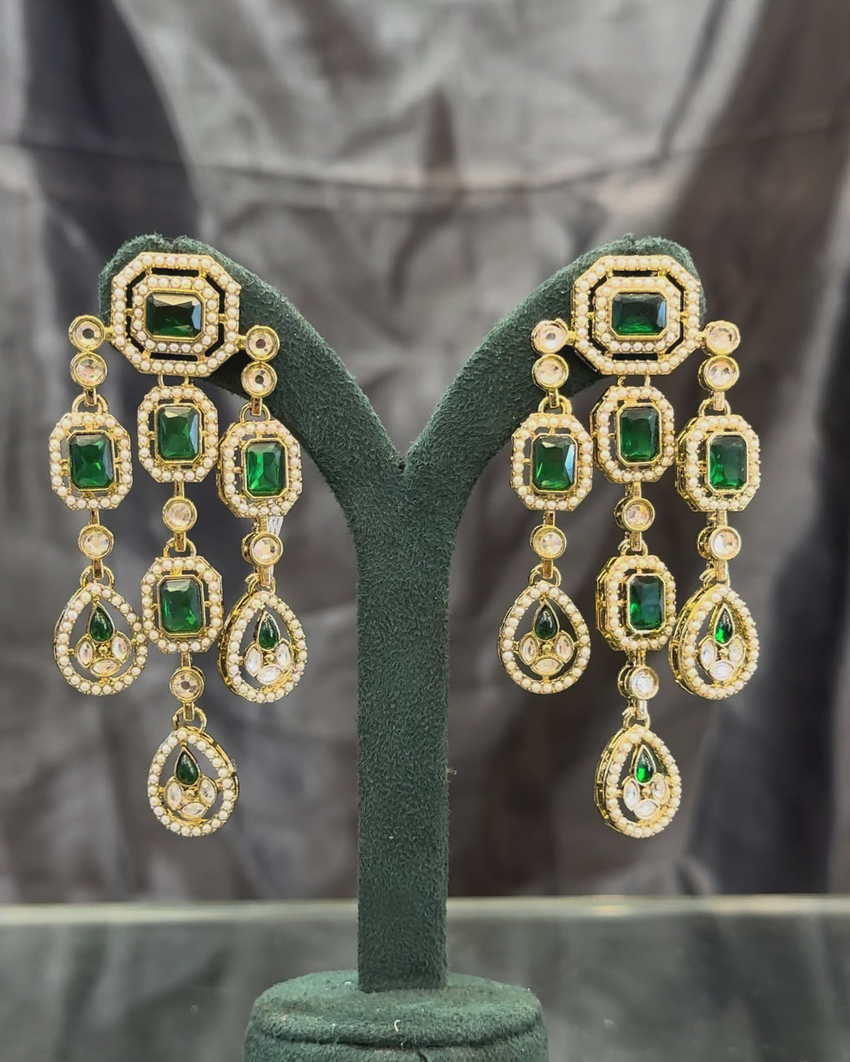 Multicolor Gold-Tone Geometric Statement Earrings with Pearl Beading and Gemstone Drops | THV514