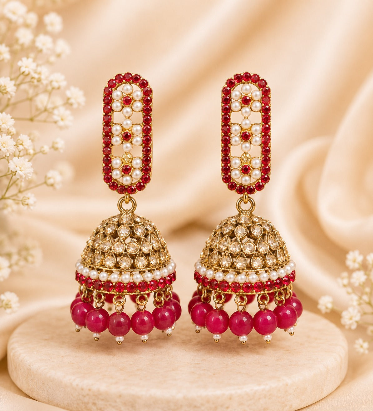 Antique Gold Ruby Red Pearl Jhumka Earrings with Pink Bead Drops | LL0206