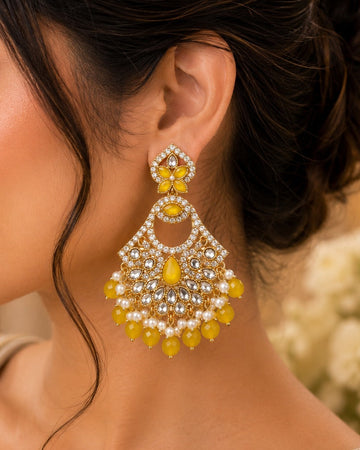 Antique Gold Yellow Citrine Polki Kundan Chandbali Earrings with Pearl Drops | LLB0209