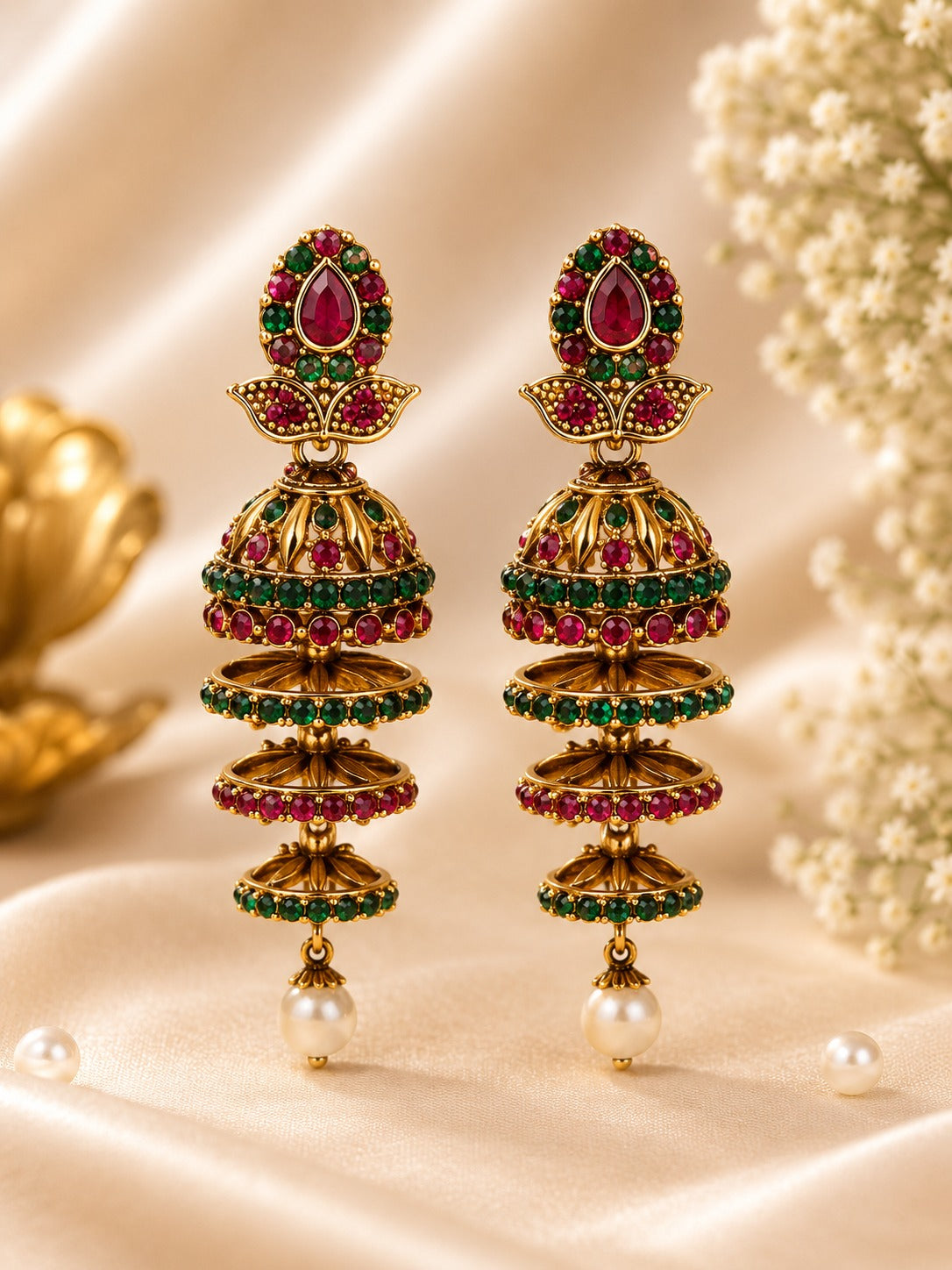 Antique Gold Ruby Emerald Multi-Tier Jhumka Earrings with Pearl Drop | LLB0212