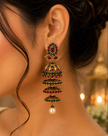 Antique Gold Ruby Emerald Multi-Tier Jhumka Earrings with Pearl Drop | LLB0212