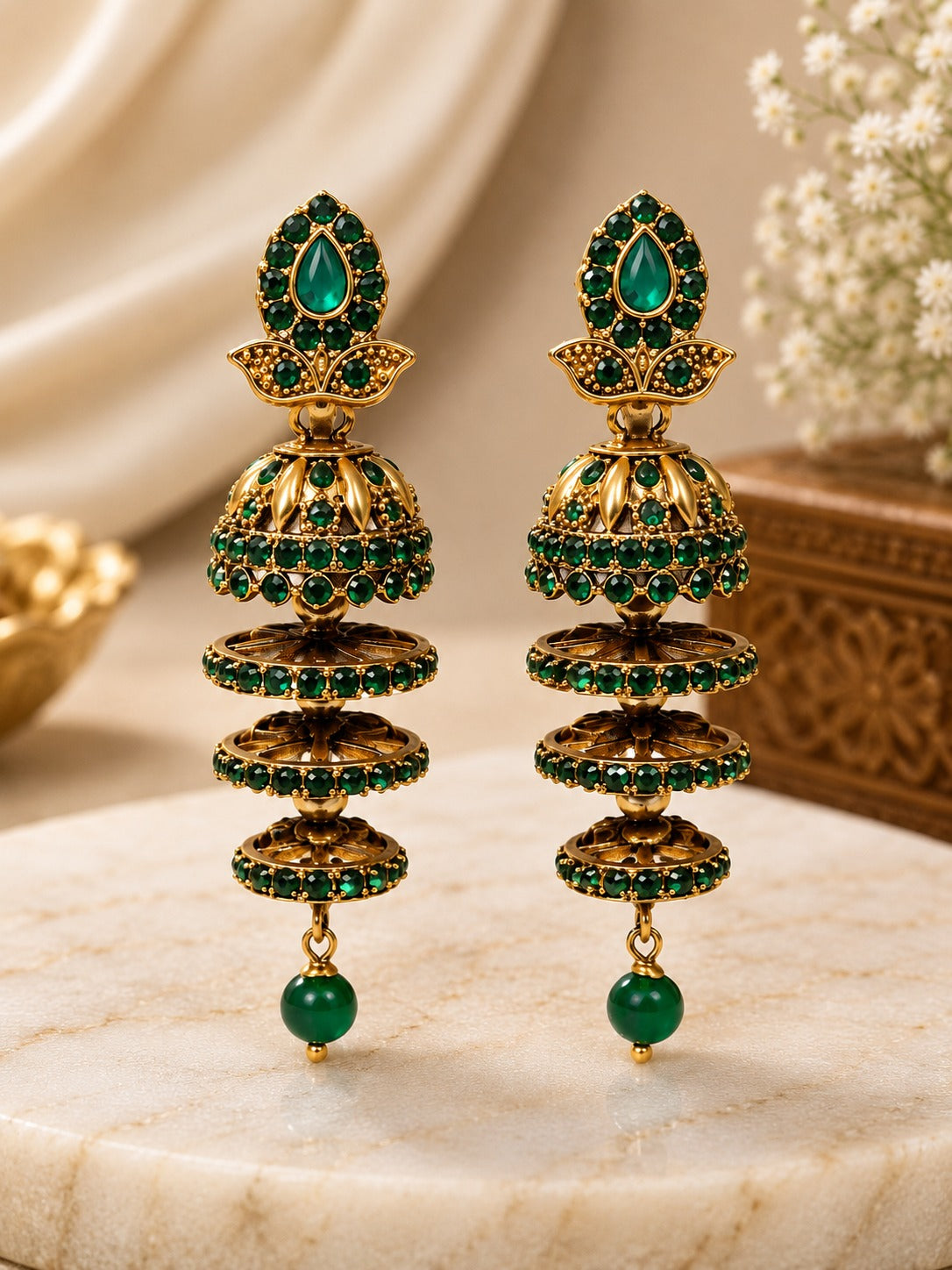 Antique Gold Emerald Green Multi-Tier Jhumka Earrings with Emerald Bead Drop | LLB0213