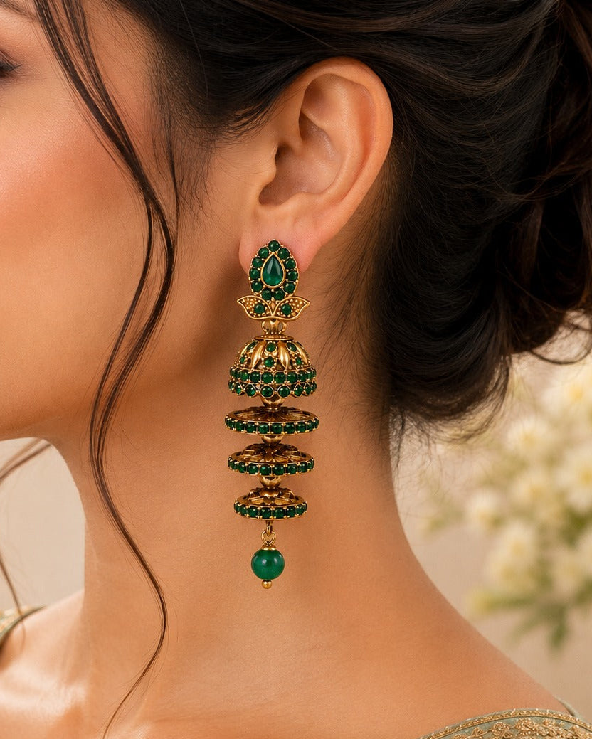 Antique Gold Emerald Green Multi-Tier Jhumka Earrings with Emerald Bead Drop | LLB0213