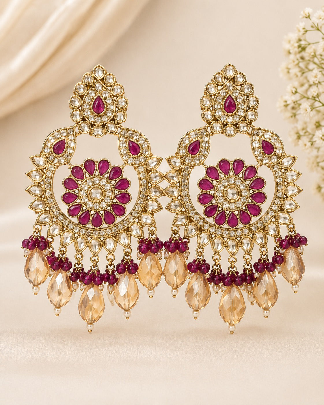 Antique Gold Polki Kundan Chandbali Earrings with Champagne Crystal Drops | LLB0211