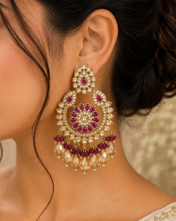 Antique Gold Polki Kundan Chandbali Earrings with Champagne Crystal Drops | LLB0211
