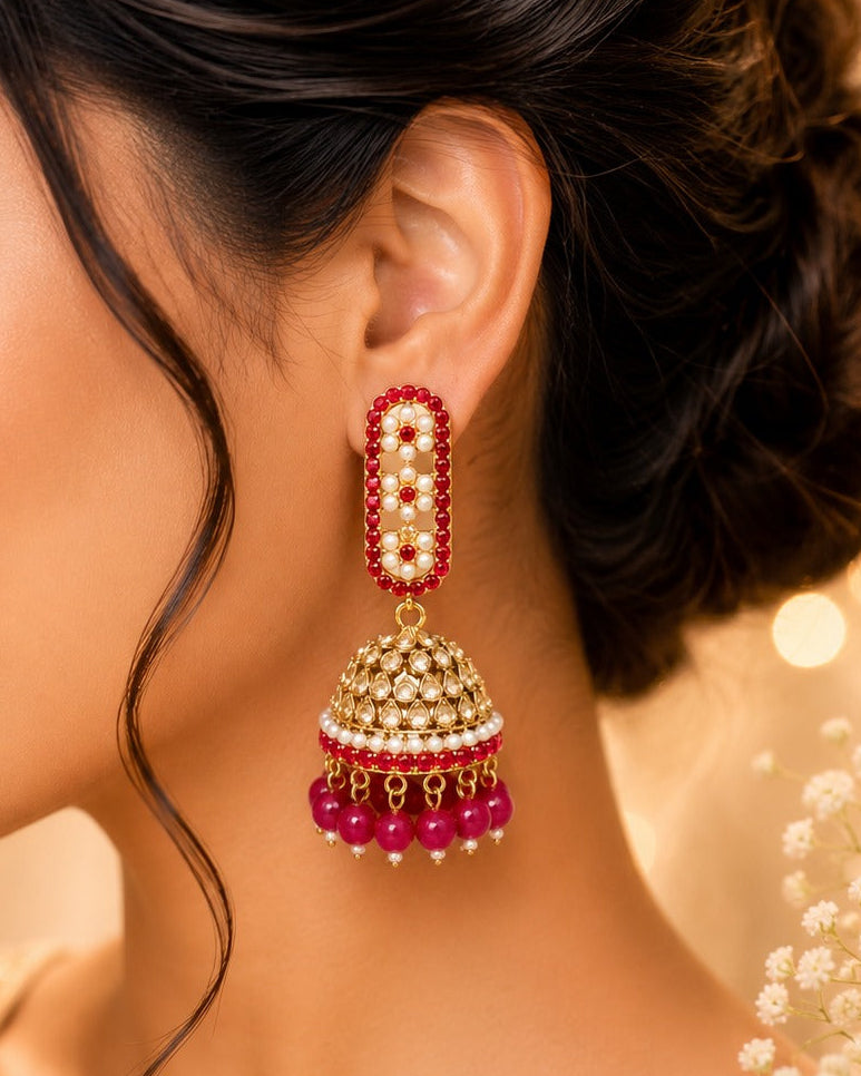 Antique Gold Ruby Red Pearl Jhumka Earrings with Pink Bead Drops | LL0206