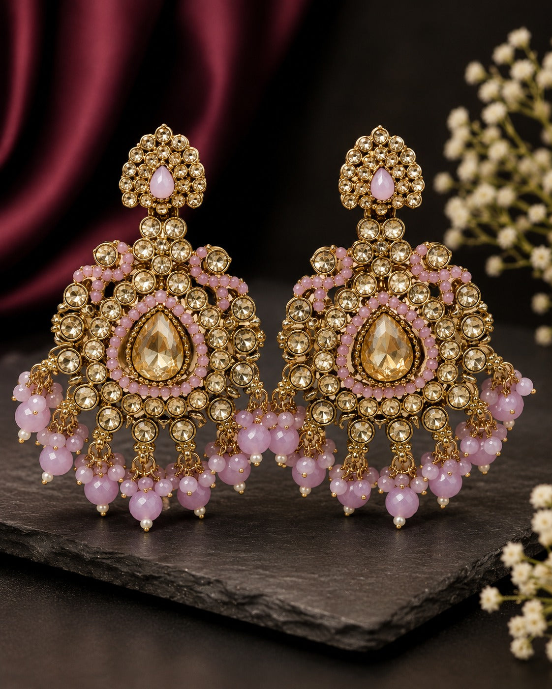 Antique Gold Polki Kundan Chandbali Earrings with Lilac  Bead Drops | LLB0207