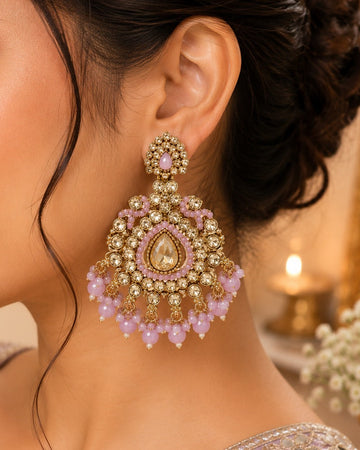 Antique Gold Polki Kundan Chandbali Earrings with Lilac  Bead Drops | LLB0207