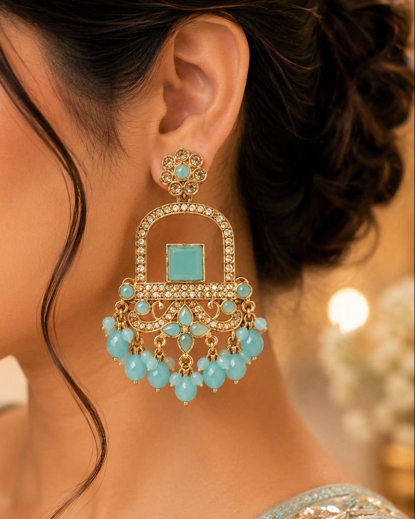Antique Gold Mint Blue Stone Arch Chandelier Earrings with Aqua Bead Drops | LLB0208