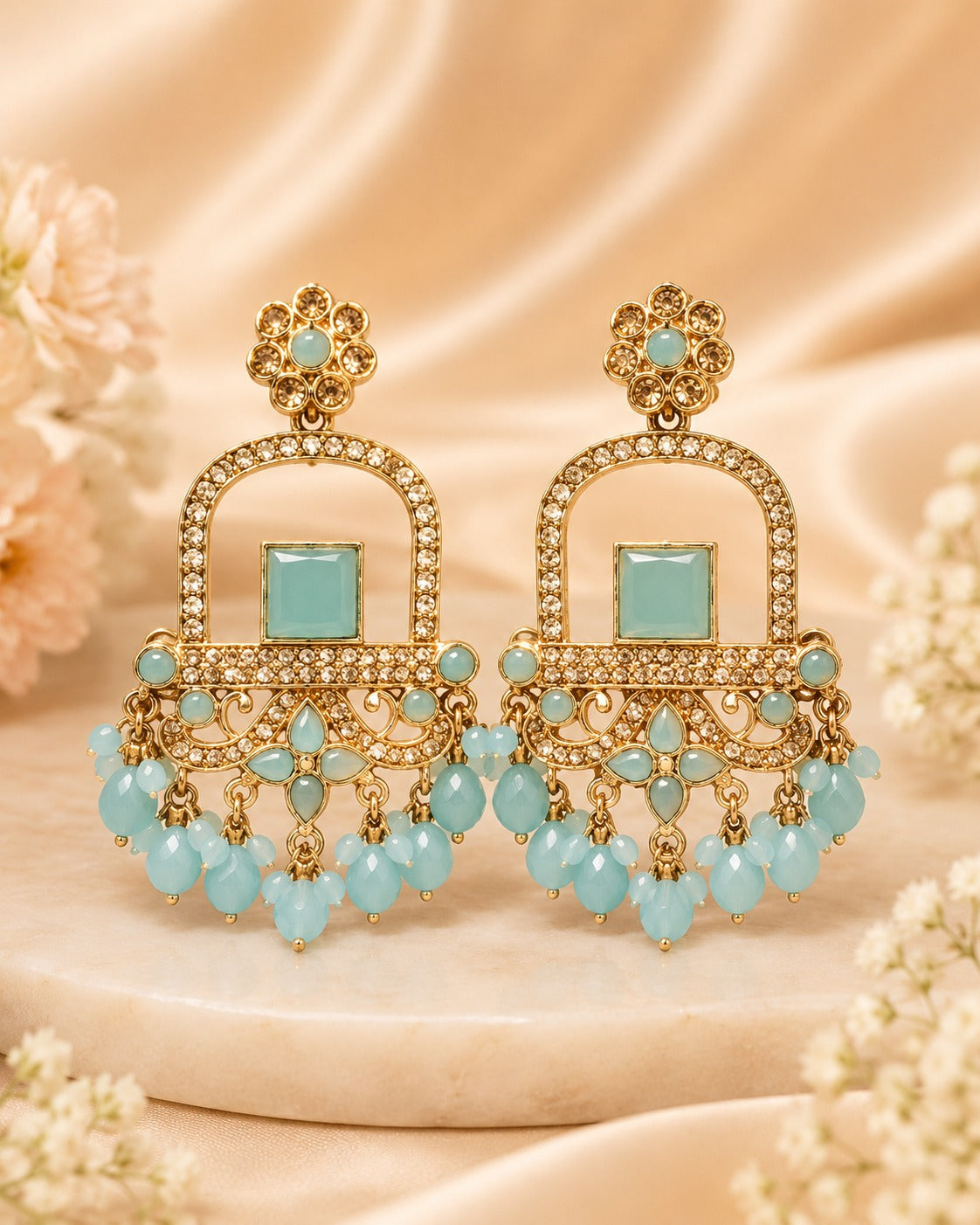 Antique Gold Mint Blue Stone Arch Chandelier Earrings with Aqua Bead Drops | LLB0208