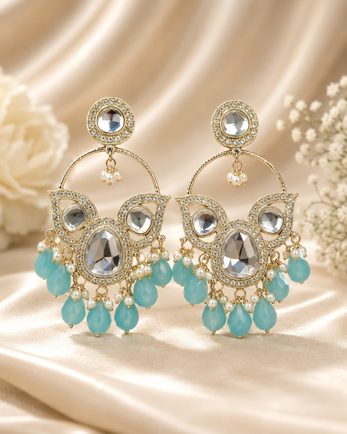 Polki Kundan Hoop Chandbali Earrings with Mint Aqua Bead Drops | LLB0210