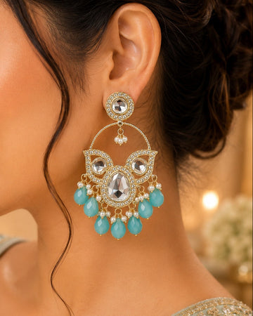 Polki Kundan Hoop Chandbali Earrings with Mint Aqua Bead Drops | LLB0210