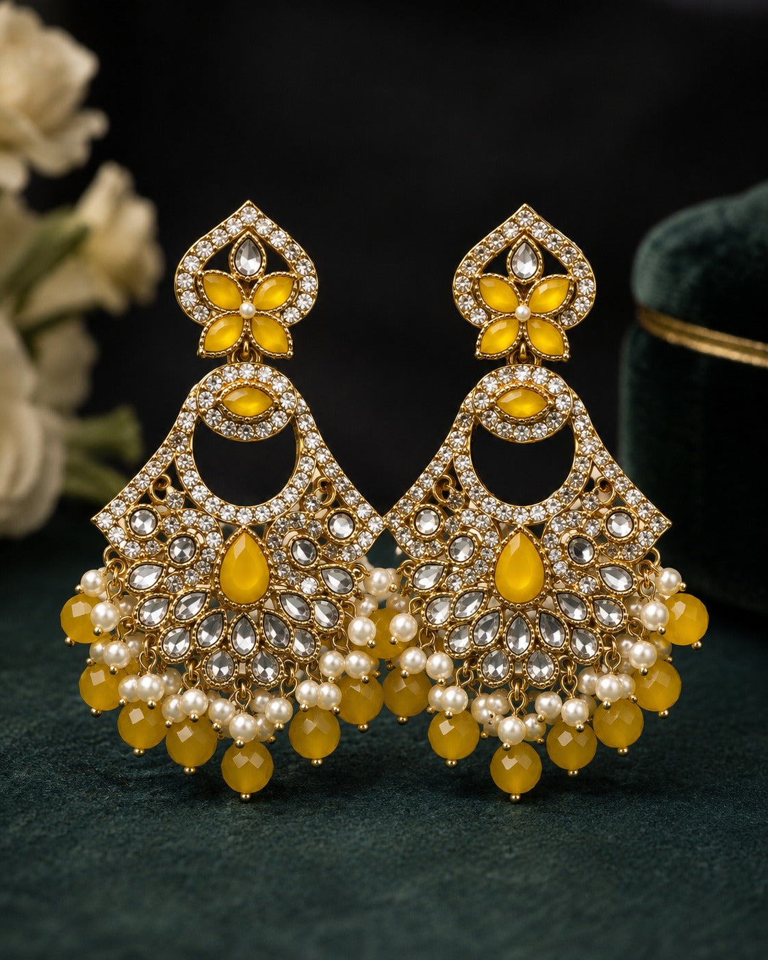 Antique Gold Yellow Citrine Polki Kundan Chandbali Earrings with Pearl Drops | LLB0209