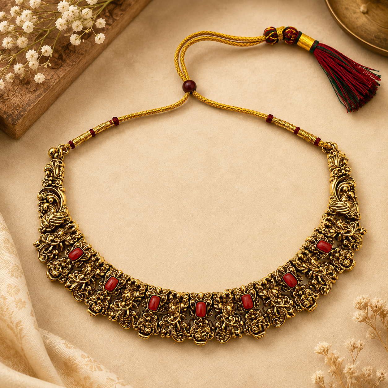 Antique Gold Floral Choker Necklace with Red Coral Stones & Gold Dori | LLB0223