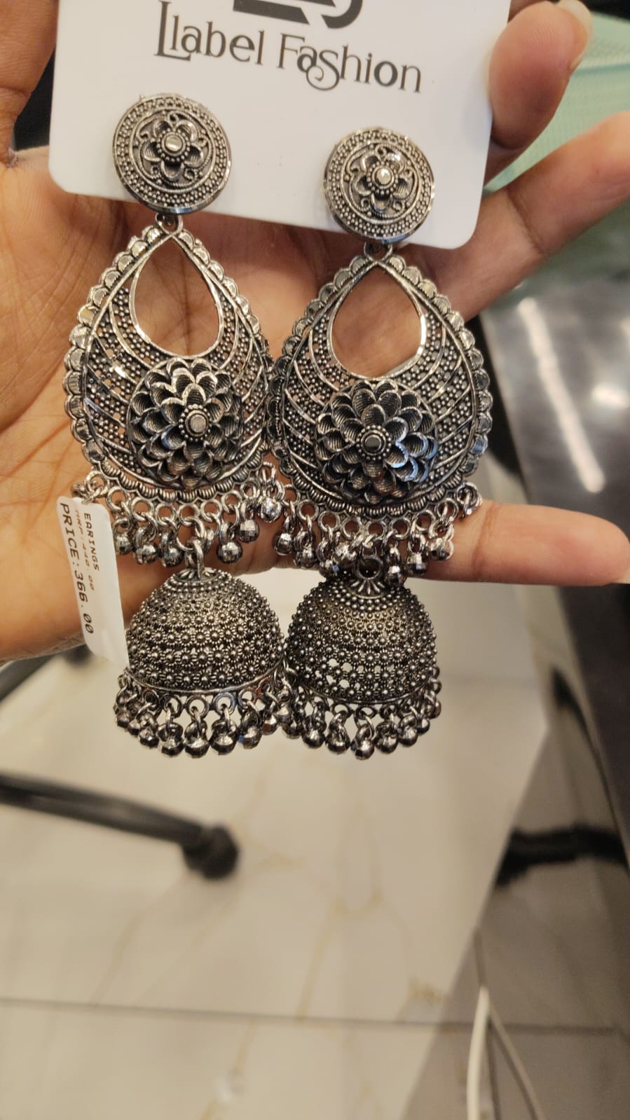Oxidised Silver Chandbali Jhumka Earrings with Ghungroo Drops | LLB0200