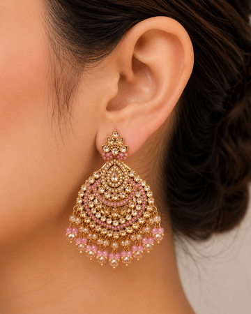 Antique Gold Pink Crystal Chandbali Earrings | LLB0194