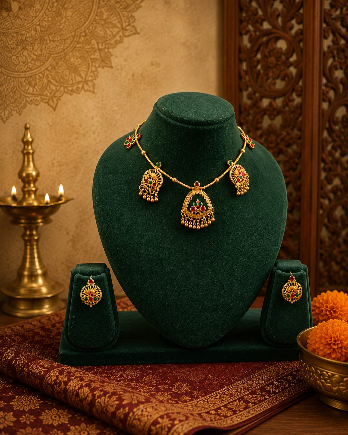 Gold Nakshi Filigree Pendant Necklace Set with Kemp | OL 19