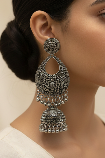 Oxidised Silver Chandbali Jhumka Earrings with Ghungroo Drops | LLB0200