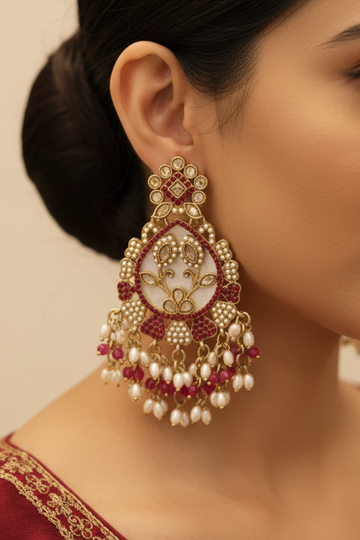 Antique Gold Kundan Ruby Red Chandbali Earrings with Pearl Drops | LLB0201
