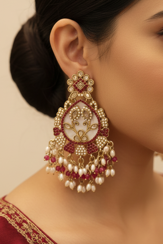 Antique Gold Kundan Ruby Red Chandbali Earrings with Pearl Drops | LLB0201
