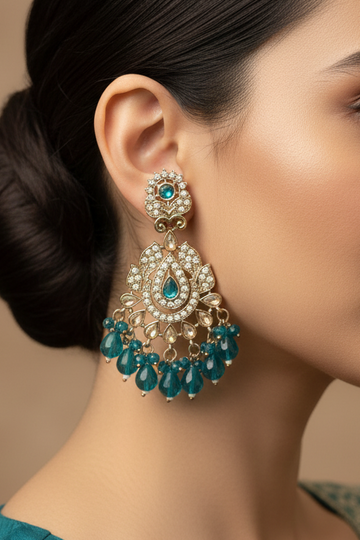 Antique Gold Peacock Teal Blue Crystal Chandbali Earrings | LLB0203