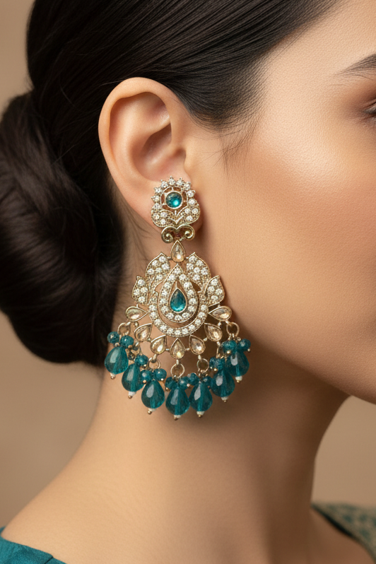 Antique Gold Peacock Teal Blue Crystal Chandbali Earrings | LLB0203